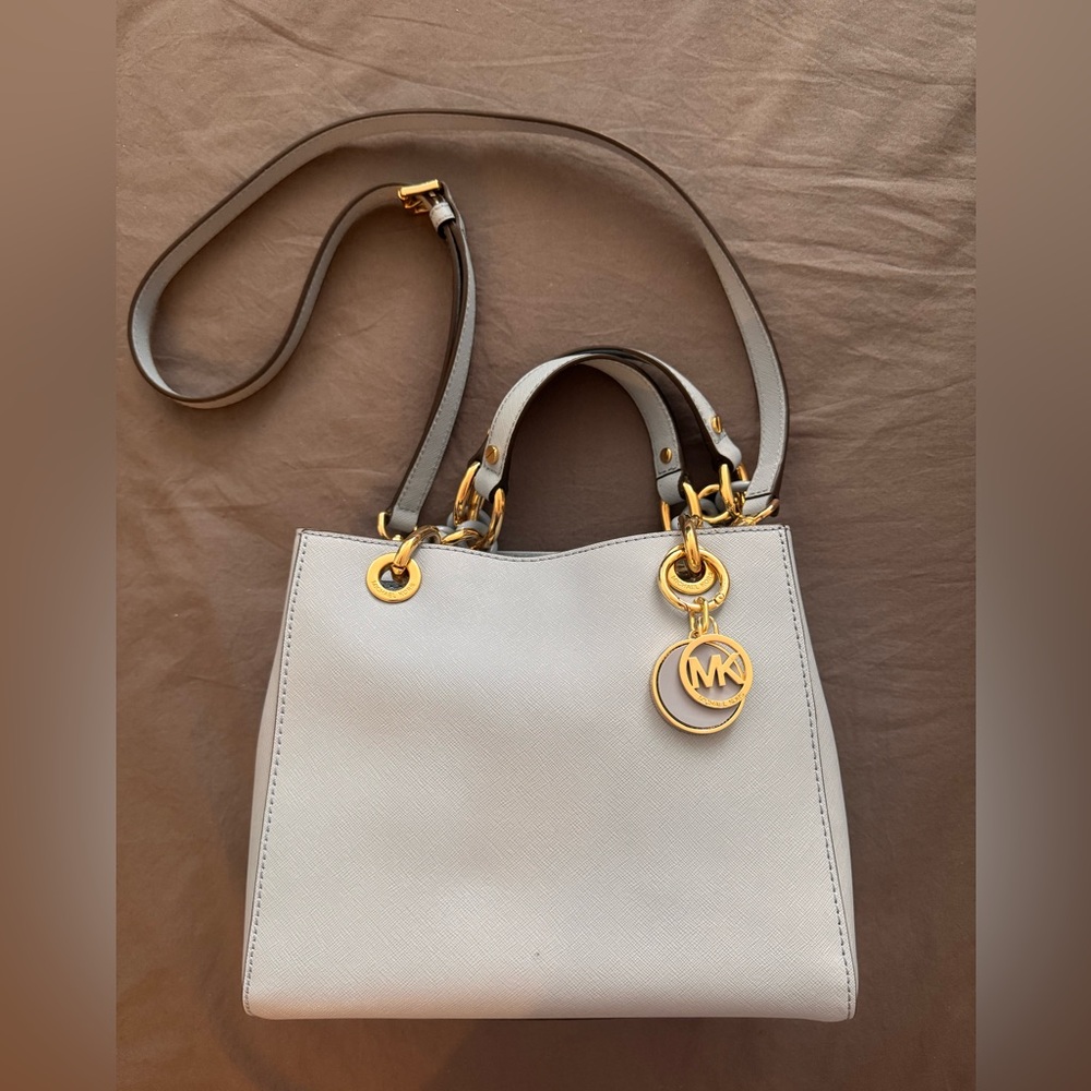 Michael Kors Light Blue Saffiano Satchel with Gold Hardware